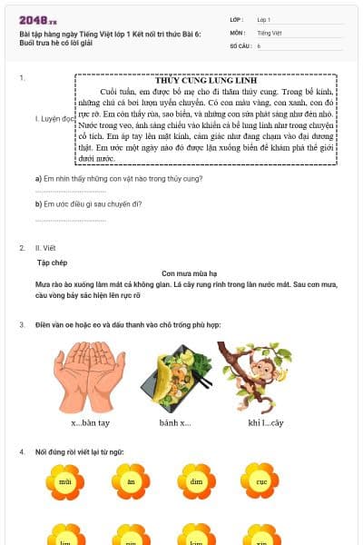 Bài tập hàng ngày Tiếng Việt lớp 1 Kết nối tri thức Bài 6: Buổi trưa hè có lời giải