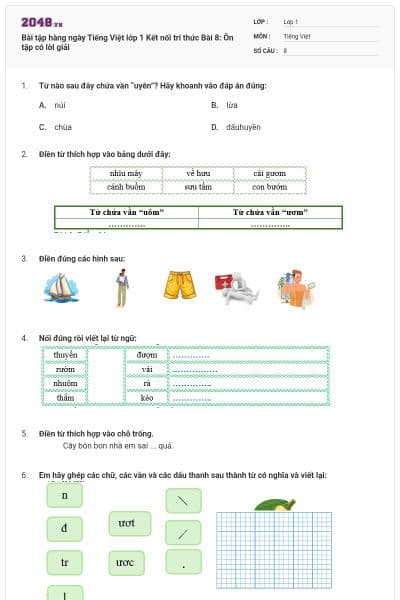 Bài tập hàng ngày Tiếng Việt lớp 1 Kết nối tri thức Bài 8: Ôn tập có lời giải