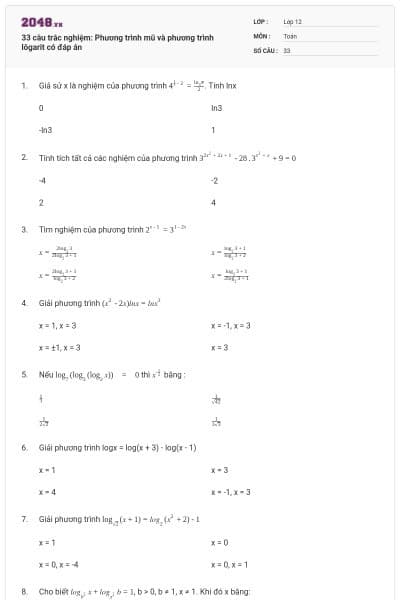 33 câu trắc nghiệm: Phương trình mũ và phương trình lôgarit có đáp án