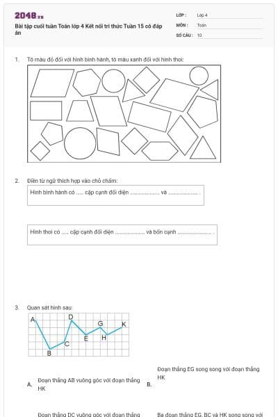 Bài tập cuối tuần Toán lớp 4 Kết nối tri thức Tuần 15 có đáp án