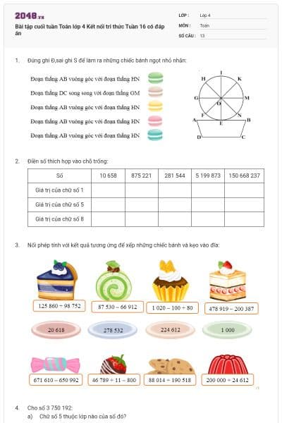 Bài tập cuối tuần Toán lớp 4 Kết nối tri thức Tuần 16 có đáp án