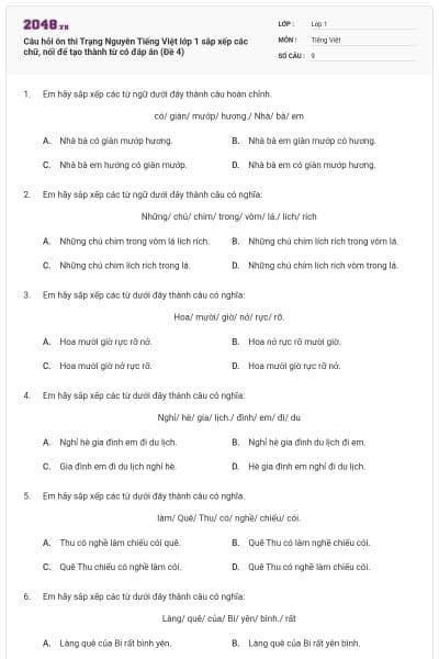 Câu hỏi ôn thi Trạng Nguyên Tiếng Việt lớp 1 sắp xếp các chữ, nối để tạo thành từ có đáp án (Đề 4)