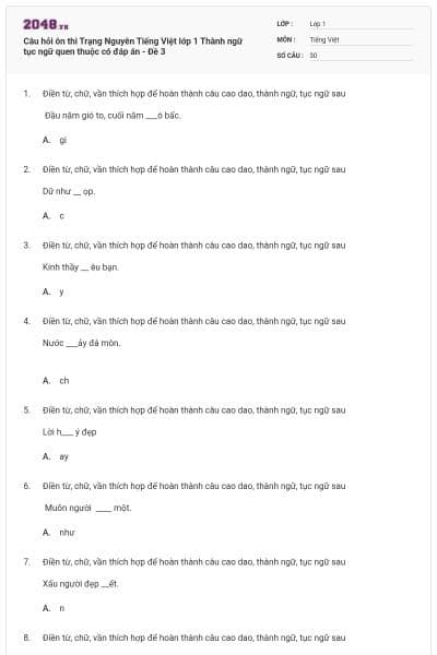Câu hỏi ôn thi Trạng Nguyên Tiếng Việt lớp 1 Thành ngữ tục ngữ quen thuộc có đáp án - Đề 3