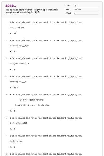Câu hỏi ôn thi Trạng Nguyên Tiếng Việt lớp 1 Thành ngữ tục ngữ quen thuộc có đáp án - Đề 5