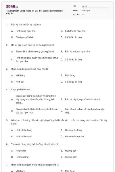 Trắc nghiệm Công Nghệ 11 Bài 11: Bản vẽ xây dựng có đáp án