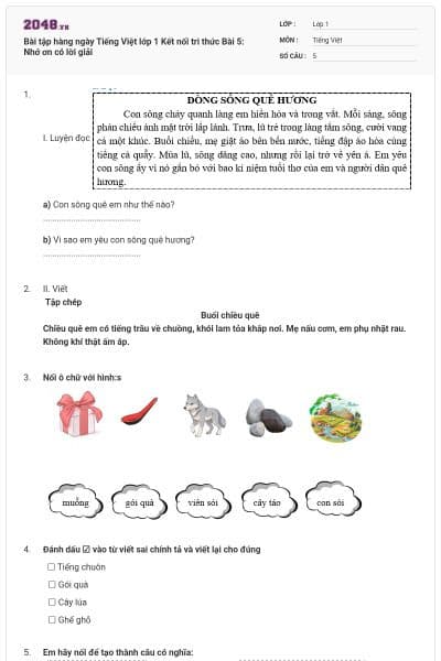 Bài tập hàng ngày Tiếng Việt lớp 1 Kết nối tri thức Bài 5: Nhớ ơn có lời giải