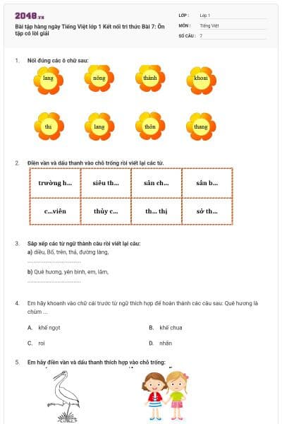 Bài tập hàng ngày Tiếng Việt lớp 1 Kết nối tri thức Bài 7: Ôn tập có lời giải