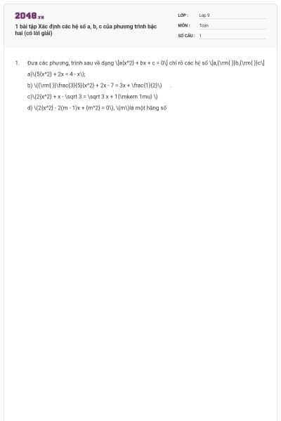 1 bài tập Xác định các hệ số a, b, c của phương trình bậc hai (có lời giải)