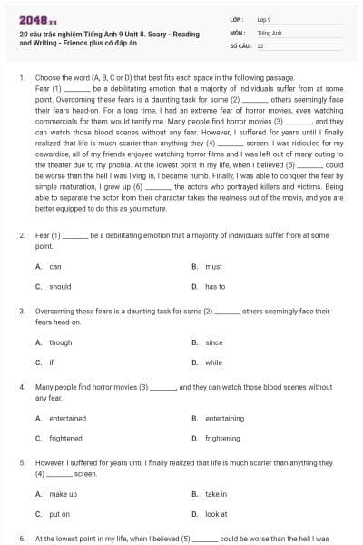 20 câu trắc nghiệm Tiếng Anh 9 Unit 8. Scary - Reading and Writing - Friends plus có đáp án
