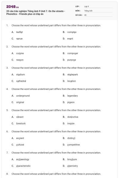 20 câu trắc nghiệm Tiếng Anh 9 Unit 7. On the streets - Phonetics - Friends plus có đáp án