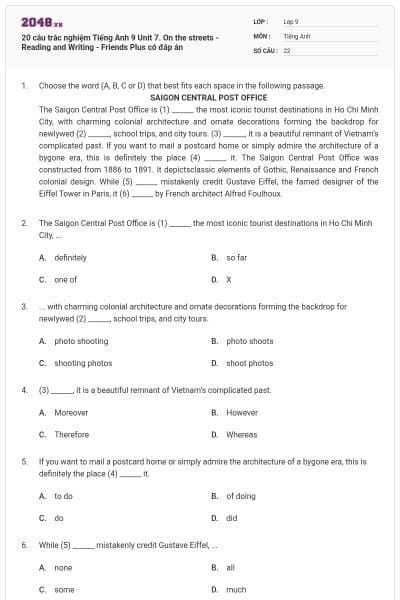 20 câu trắc nghiệm Tiếng Anh 9 Unit 7. On the streets - Reading and Writing - Friends Plus có đáp án