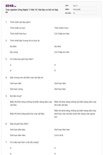 Trắc nghiệm Công Nghệ 11 Bài 15: Vật liệu cơ khí có đáp án