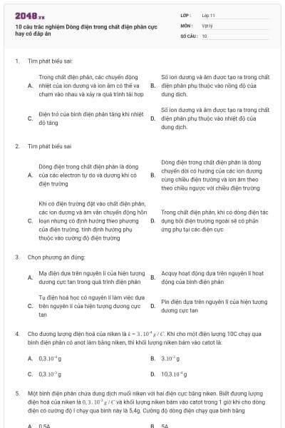 10 câu trắc nghiệm Dòng điện trong chất điện phân cực hay có đáp án