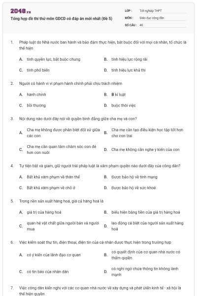 Tổng hợp đề thi thử môn GDCD có đáp án mới nhất (Đề 5)