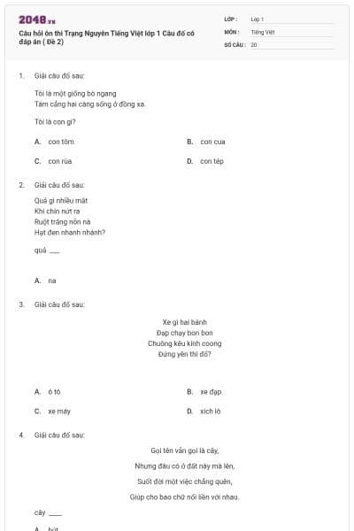 Câu hỏi ôn thi Trạng Nguyên Tiếng Việt lớp 1 Câu đố có đáp án ( Đề 2)