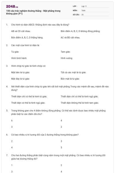 100 câu trắc nghiệm Đường thẳng - Mặt phẳng trong không gian (P1)