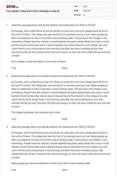 Trắc nghiệm Tiếng Anh 8 Unit 4 Reading có đáp án