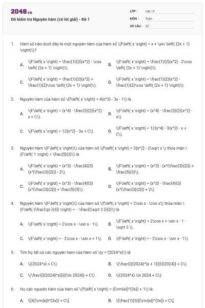 Đề kiểm tra Nguyên hàm (có lời giải) - Đề 1