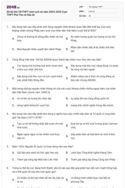 Đề thi thử TN THPT môn Lịch sử năm 2024-2025 Cụm THPT Phú Thọ có đáp án