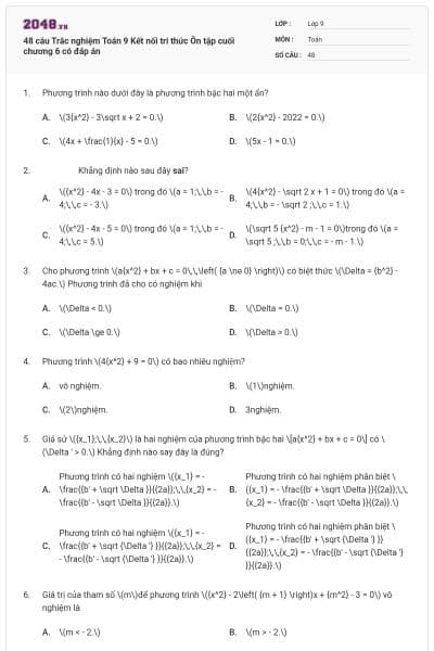 48 câu Trắc nghiệm Toán 9 Kết nối tri thức Ôn tập cuối chương 6 có đáp án