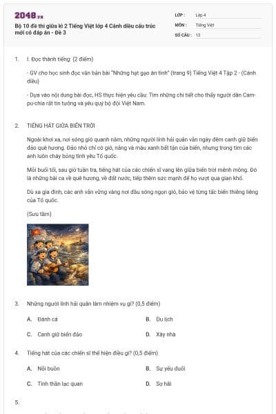 Bộ 10 đề thi giữa kì 2 Tiếng Việt lớp 4 Cánh diều cấu trúc mới có đáp án - Đề 3