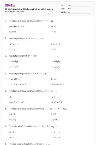 30 câu trắc nghiệm: Bất phương trình mũ và bất phương trình lôgarit có đáp án