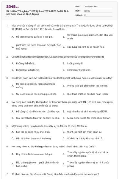 Đề thi thử Tốt nghiệp THPT Lịch sử 2025-2026 Sở Hà Tĩnh (đề tham khảo số 3) có đáp án