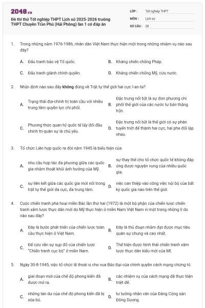 Đề thi thử Tốt nghiệp THPT Lịch sử 2025-2026 trường THPT Chuyên Trần Phú (Hải Phòng) lần 1 có đáp án