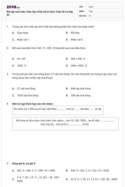 Bài tập cuối tuần Toán lớp 4 Kết nối tri thức Tuần 20 có đáp án