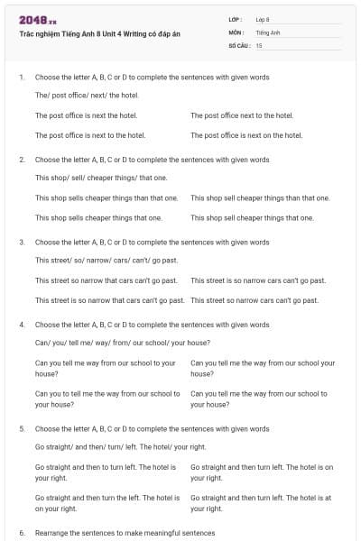Trắc nghiệm Tiếng Anh 8 Unit 4 Writing có đáp án