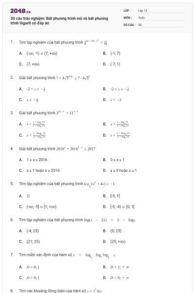 30 câu trắc nghiệm: Bất phương trình mũ và bất phương trình lôgarit có đáp án