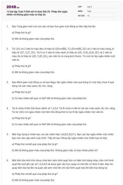 13 bài tập Toán 9 Kết nối tri thức Bài 25. Phép thử ngẫu nhiên và không gian mẫu có đáp án
