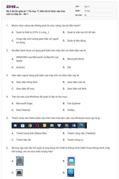 Bộ 4 đề thi giữa kì 1 Tin học 11 Kết nối tri thức cấu trúc mới có đáp án - Đề 1