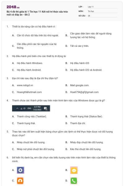 Bộ 4 đề thi giữa kì 1 Tin học 11 Kết nối tri thức cấu trúc mới có đáp án - Đề 2