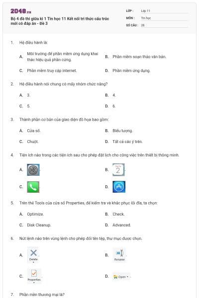 Bộ 4 đề thi giữa kì 1 Tin học 11 Kết nối tri thức cấu trúc mới có đáp án - Đề 3