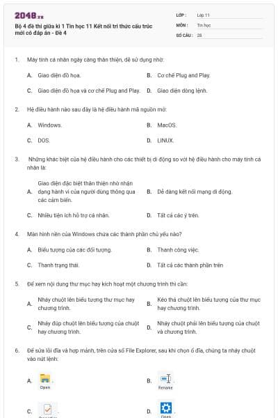 Bộ 4 đề thi giữa kì 1 Tin học 11 Kết nối tri thức cấu trúc mới có đáp án - Đề 4