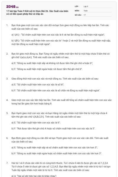 17 bài tập Toán 9 Kết nối tri thức Bài 26. Xác Suất của biến cố có liên quan phép thử có đáp án