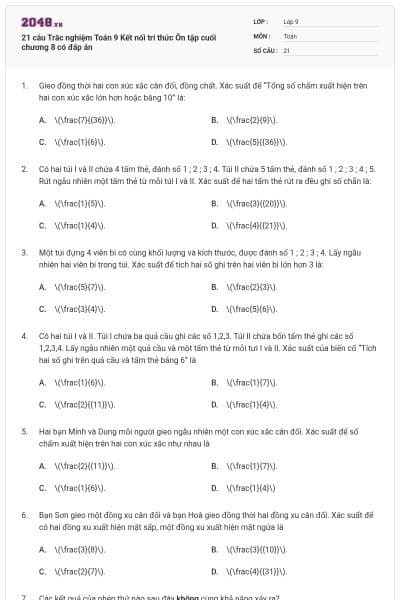 21 câu Trắc nghiệm Toán 9 Kết nối tri thức Ôn tập cuối chương 8 có đáp án