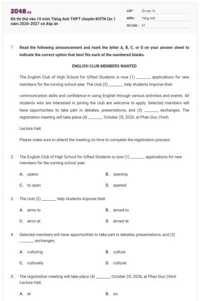 Đề thi thử vào 10 môn Tiếng Anh THPT chuyên KHTN lần 1 năm 2026-2027 có đáp án