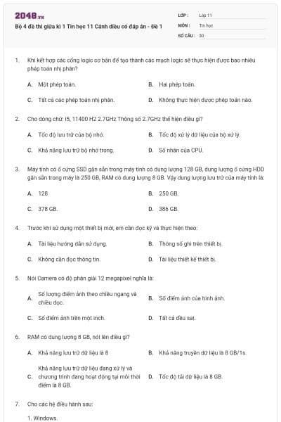 Bộ 4 đề thi giữa kì 1 Tin học 11 Cánh diều có đáp án - Đề 1