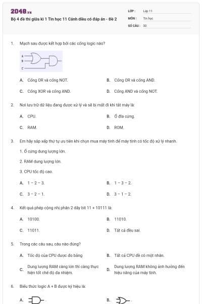 Bộ 4 đề thi giữa kì 1 Tin học 11 Cánh diều có đáp án - Đề 2