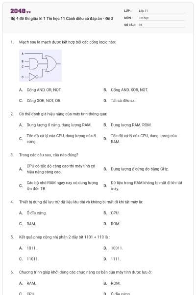 Bộ 4 đề thi giữa kì 1 Tin học 11 Cánh diều có đáp án - Đề 3