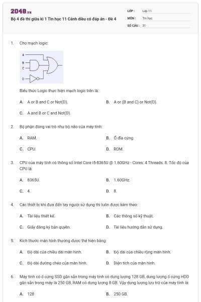 Bộ 4 đề thi giữa kì 1 Tin học 11 Cánh diều có đáp án - Đề 4