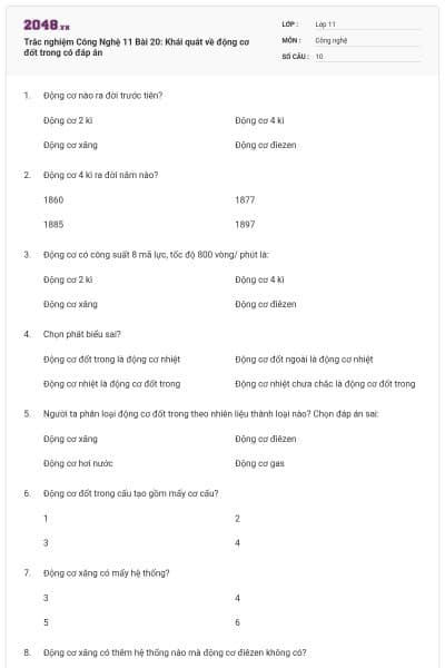 Trắc nghiệm Công Nghệ 11 Bài 20: Khái quát về động cơ đốt trong có đáp án