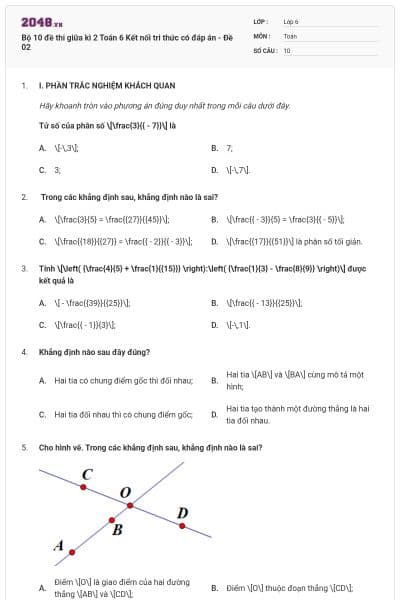 Bộ 10 đề thi giữa kì 2 Toán 6 Kết nối tri thức có đáp án - Đề 02