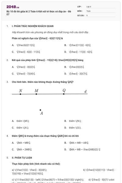 Bộ 10 đề thi giữa kì 2 Toán 6 Kết nối tri thức có đáp án - Đề 07