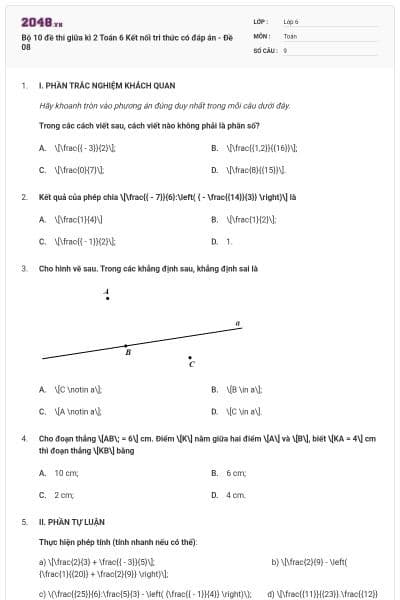 Bộ 10 đề thi giữa kì 2 Toán 6 Kết nối tri thức có đáp án - Đề 08