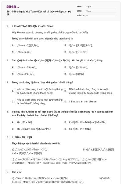 Bộ 10 đề thi giữa kì 2 Toán 6 Kết nối tri thức có đáp án - Đề 09