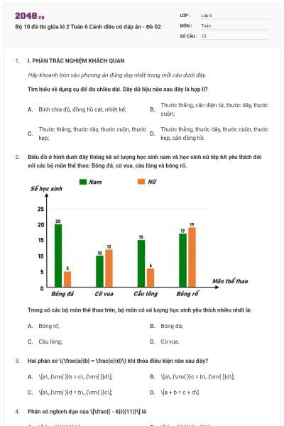 Bộ 10 đề thi giữa kì 2 Toán 6 Cánh diều có đáp án  - Đề 02
