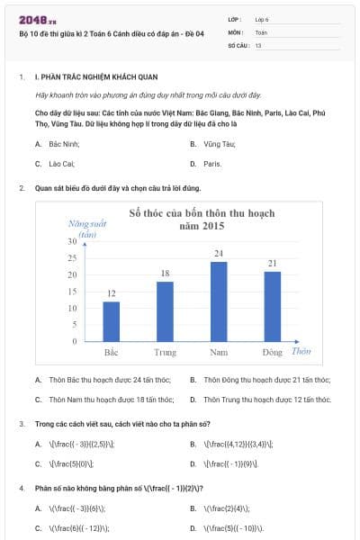 Bộ 10 đề thi giữa kì 2 Toán 6 Cánh diều có đáp án  - Đề 04